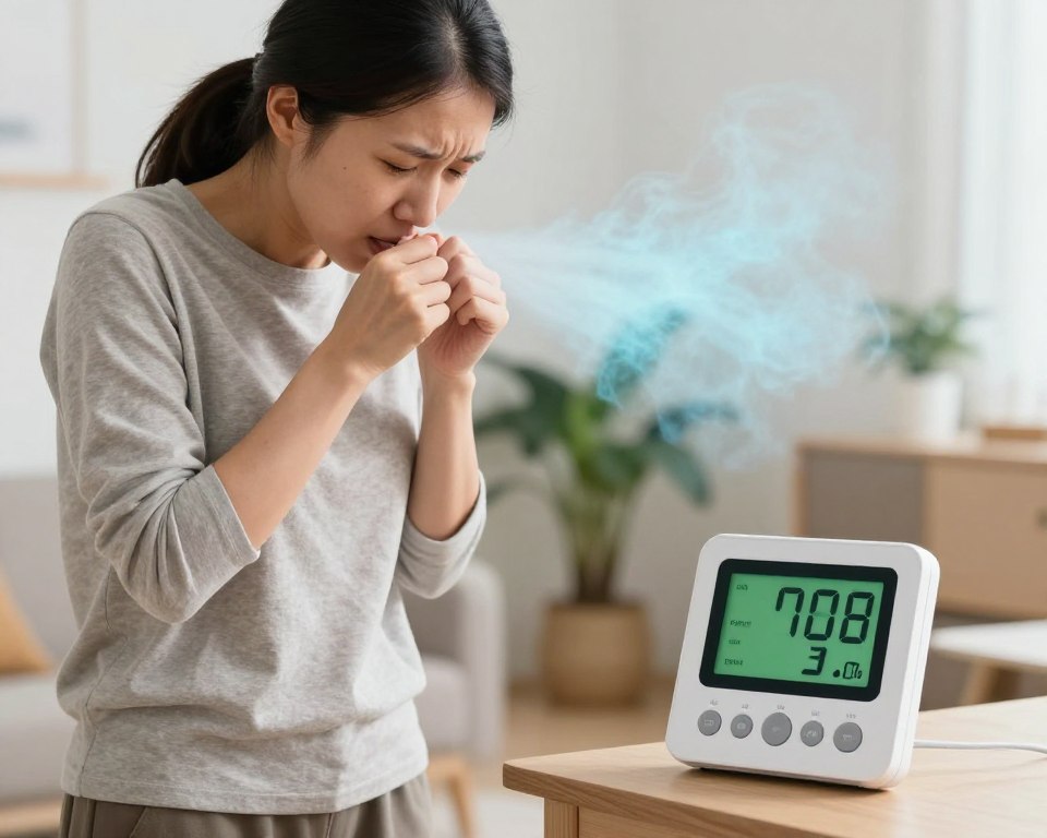 A person experiencing respiratory irritation, depicted in a brightly lit indoor setting, showcasing symptoms such as coughing and discomfort. In the foreground, a professional-looking individual in modest casual clothing is standing beside an air quality monitor indicating elevated ozone levels. The middle ground includes a slightly blurred view of an indoor environment, featuring plants and furniture, to convey a home or office atmosphere. The background has soft, hazy lighting to suggest a toxic air quality, with subtle visual cues of ozone, like a light blue tint in the air. The overall mood is serious and concerning, reflecting the urgency of recognizing the signs of ozone exposure. A person experiencing respiratory irritation, depicted in a brightly lit indoor setting, showcasing symptoms such as coughing and discomfort. In the foreground, a professional-looking individual in modest casual clothing is standing beside an air quality monitor indicating elevated ozone levels. The middle ground includes a slightly blurred view of an indoor environment, featuring plants and furniture, to convey a home or office atmosphere. The background has soft, hazy lighting to suggest a toxic air quality, with subtle visual cues of ozone, like a light blue tint in the air. The overall mood is serious and concerning, reflecting the urgency of recognizing the signs of ozone exposure.