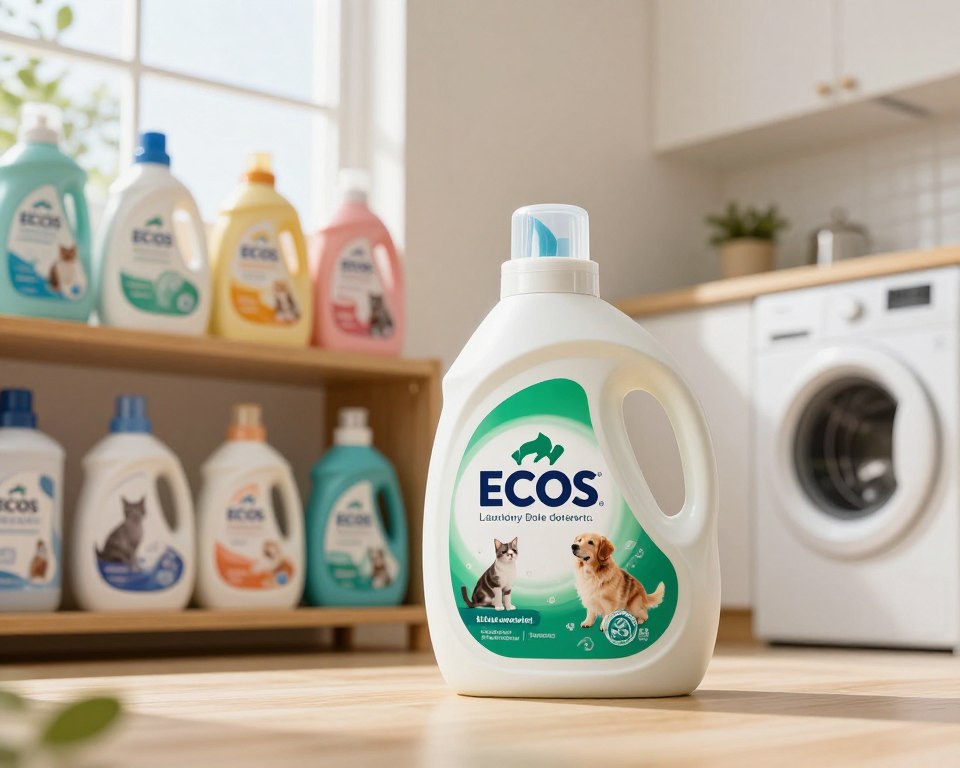 A pet-safe laundry detergent prominently displayed in a modern kitchen setting. In the foreground, a bottle of ECOS Laundry Detergent featuring a vibrant green label, surrounded by playful cats and dogs, showcasing a safe and homey atmosphere. In the middle, shelves lined with comparison brands of conventional detergents, with subtle visual differences highlighted—maybe slightly duller colors or more industrial designs. The background features a well-lit laundry room, emphasizing cleanliness and safety with natural sunlight streaming through a window. Use soft, warm lighting to create an inviting mood, with a narrow depth of field focusing on the detergent bottle while gently blurring the surrounding conventional brands. The angle is slightly below eye-level, giving prominence to the detergent. A pet-safe laundry detergent prominently displayed in a modern kitchen setting. In the foreground, a bottle of ECOS Laundry Detergent featuring a vibrant green label, surrounded by playful cats and dogs, showcasing a safe and homey atmosphere. In the middle, shelves lined with comparison brands of conventional detergents, with subtle visual differences highlighted—maybe slightly duller colors or more industrial designs. The background features a well-lit laundry room, emphasizing cleanliness and safety with natural sunlight streaming through a window. Use soft, warm lighting to create an inviting mood, with a narrow depth of field focusing on the detergent bottle while gently blurring the surrounding conventional brands. The angle is slightly below eye-level, giving prominence to the detergent.