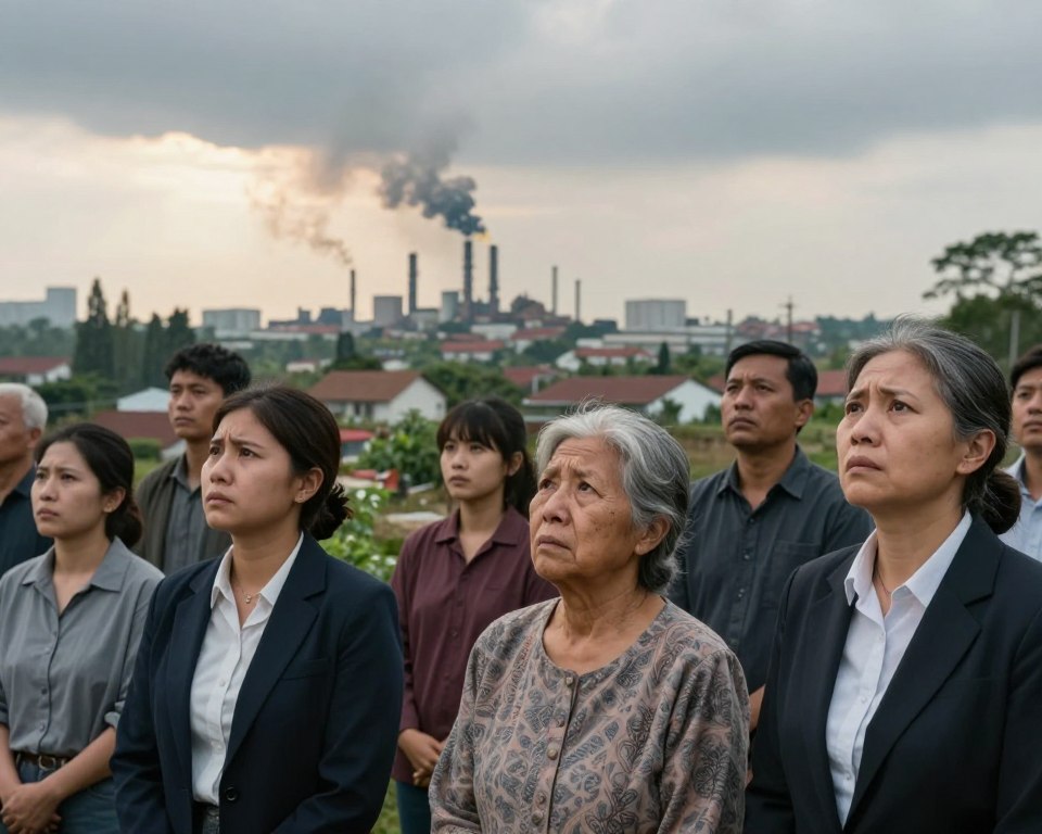 A poignant scene illustrating the concept of respiratory vulnerability in vulnerable populations. In the foreground, a diverse group of individuals, including an elderly woman and a child, both wearing professional and modest clothing, express concern while looking towards a distant industrial area emitting smoke. The middle ground features a community with a blend of residential homes and greenery, highlighting the contrast between urban pollution and natural beauty. In the background, a gray sky looms with faint hints of sunlight breaking through, symbolizing hope among adversity. Soft, diffused lighting enhances the mood of awareness and urgency. The camera angle is slightly elevated, capturing the emotional weight of the situation. The overall atmosphere is one of concern, reflection, and the need for societal change regarding respiratory health risks.