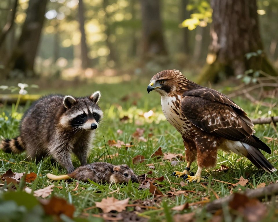 A poignant scene illustrating the environmental impact of rodenticide use on local wildlife. In the foreground, a distressed hawk with drooping wings stands on a patch of grass, surrounded by fallen leaves, symbolizing the negative effects of poison. In the middle, a raccoon looks curiously towards a small rodent lying motionless nearby, highlighting the tragic connections in the food chain. The background features a serene woodland setting, bathed in soft, dappled sunlight filtering through the trees, creating a contrast between the natural beauty and the lurking danger. The composition should be captured from a slightly elevated perspective, suggesting an overarching view of the ecosystem's turmoil. The mood should evoke concern and awareness of nature's fragility, promoting reflection on responsible pest control practices.