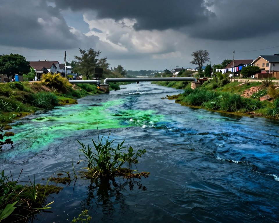 A polluted river flowing through a landscape impacted by chemical runoff, showcasing vibrant blue and green hues of the water tainted with 1,4-dioxane. The foreground features murky water, with silhouettes of aquatic plants struggling to survive. In the middle ground, industrial pipes release minimal details of chemical discharge, while a faded image of a suburban neighborhood is visible, with laundry hung out to dry, suggesting the source of contamination. The background includes a hazy skyline, with ominous clouds looming over the scene, conveying a sense of urgency about environmental health. The lighting is dramatic, with shadows and highlights emphasizing the contrast between dark, polluted water and the otherwise bright, lively environment. Capture the mood as somber yet thought-provoking, encouraging viewers to reflect on the effects of chemical pollution.