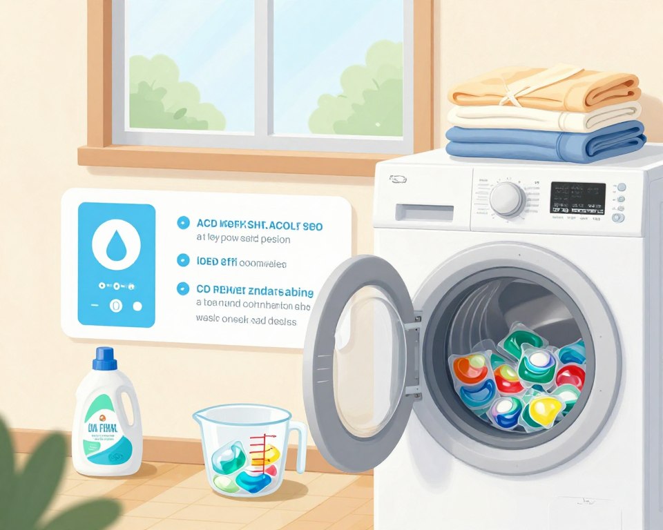A practical guide illustration for cold water washing, featuring a clean and organized laundry room. In the foreground, a modern washing machine filled with colorful laundry detergent pods, alongside a measuring cup and a bottle of eco-friendly liquid detergent. In the middle, a neatly arranged set of laundry instructions focusing on cold water washing techniques, with temperature settings displayed beside fresh, folded linens. In the background, a large window allowing soft natural light to illuminate the space, enhancing a fresh and inviting atmosphere. The overall mood is calm and knowledgeable, reflecting a sense of practicality and efficiency in laundry care. The image is captured from an angled perspective, showcasing the setup vividly. A practical guide illustration for cold water washing, featuring a clean and organized laundry room. In the foreground, a modern washing machine filled with colorful laundry detergent pods, alongside a measuring cup and a bottle of eco-friendly liquid detergent. In the middle, a neatly arranged set of laundry instructions focusing on cold water washing techniques, with temperature settings displayed beside fresh, folded linens. In the background, a large window allowing soft natural light to illuminate the space, enhancing a fresh and inviting atmosphere. The overall mood is calm and knowledgeable, reflecting a sense of practicality and efficiency in laundry care. The image is captured from an angled perspective, showcasing the setup vividly.
