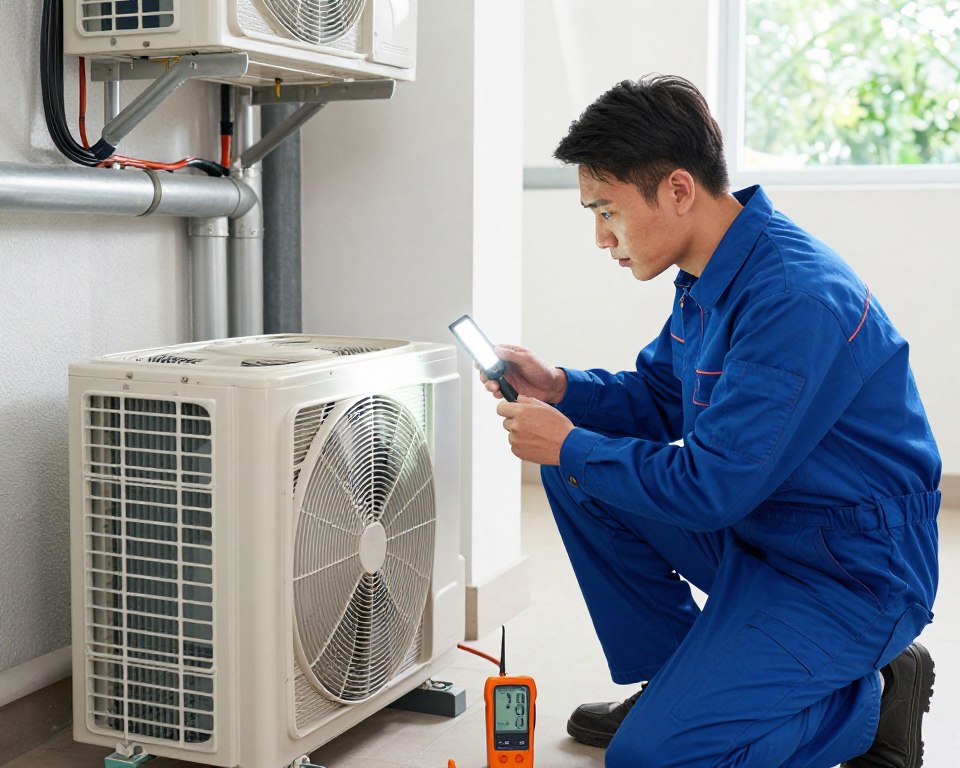 A professional HVAC technician in blue coveralls is diligently inspecting an indoor air conditioning unit, surrounded by tools and a digital humidity meter displaying precise readings. The foreground features the technician kneeling by the unit, focused on the equipment with a bright LED work light illuminating the area. In the middle ground, various HVAC components and ductwork are visible, showcasing the complexity of the system, while the background reveals a well-lit, modern indoor space with a subtle hint of greenery through a window, emphasizing fresh air circulation. The atmosphere is one of professionalism and expertise, conveying a sense of care and attention to detail in HVAC maintenance, crucial for humidity control and mold prevention. The composition captures a clear, well-focused image at eye level, ensuring all elements are clearly defined. A professional HVAC technician in blue coveralls is diligently inspecting an indoor air conditioning unit, surrounded by tools and a digital humidity meter displaying precise readings. The foreground features the technician kneeling by the unit, focused on the equipment with a bright LED work light illuminating the area. In the middle ground, various HVAC components and ductwork are visible, showcasing the complexity of the system, while the background reveals a well-lit, modern indoor space with a subtle hint of greenery through a window, emphasizing fresh air circulation. The atmosphere is one of professionalism and expertise, conveying a sense of care and attention to detail in HVAC maintenance, crucial for humidity control and mold prevention. The composition captures a clear, well-focused image at eye level, ensuring all elements are clearly defined.