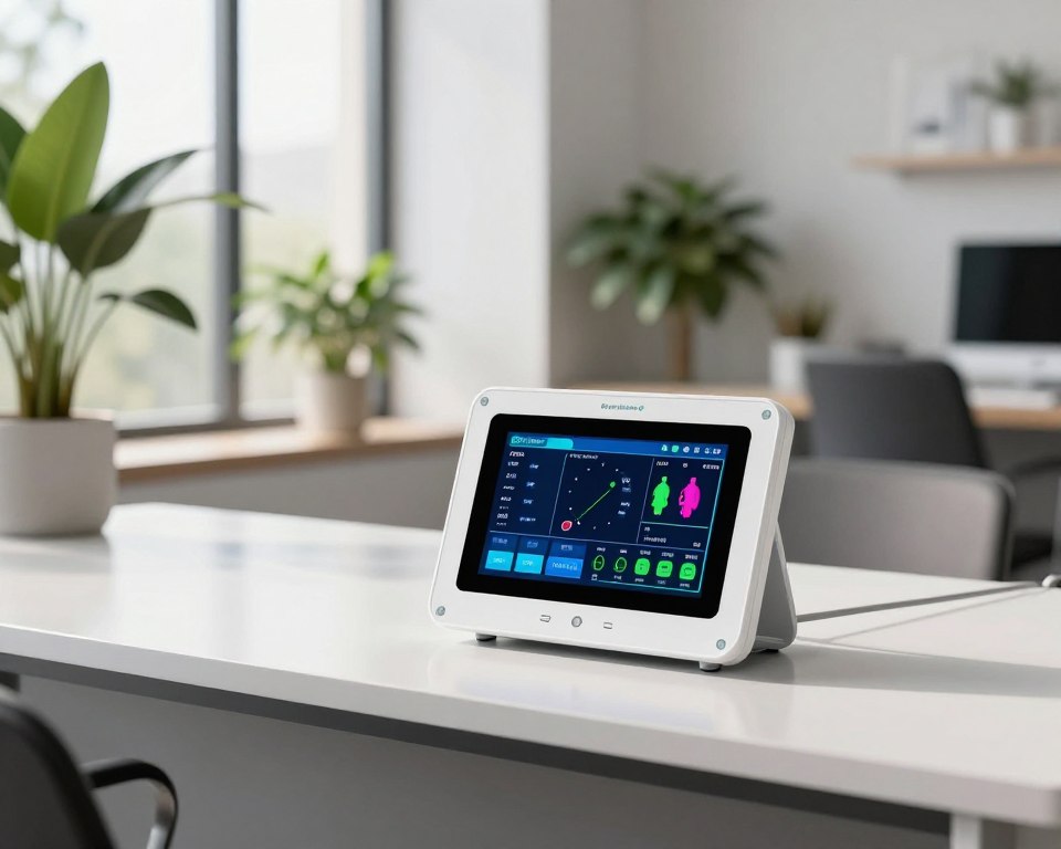 A professional air quality monitor designed for measuring volatile organic compounds sits prominently on a sleek, modern office desk in the foreground. The device features a digital screen displaying real-time data metrics with vibrant colors, emphasizing its high-tech design. In the middle ground, soft natural light filters through large windows, reflecting off glossy surfaces and enhancing the clean, organized workspace. Potted plants are placed artfully, contributing to a sense of healthy indoor living. The background showcases a minimalist, contemporary office with stylish furniture; the atmosphere is calm and focused. The image is captured with a slight depth of field, emphasizing the monitor while softly blurring the background, creating an inviting yet professional mood.