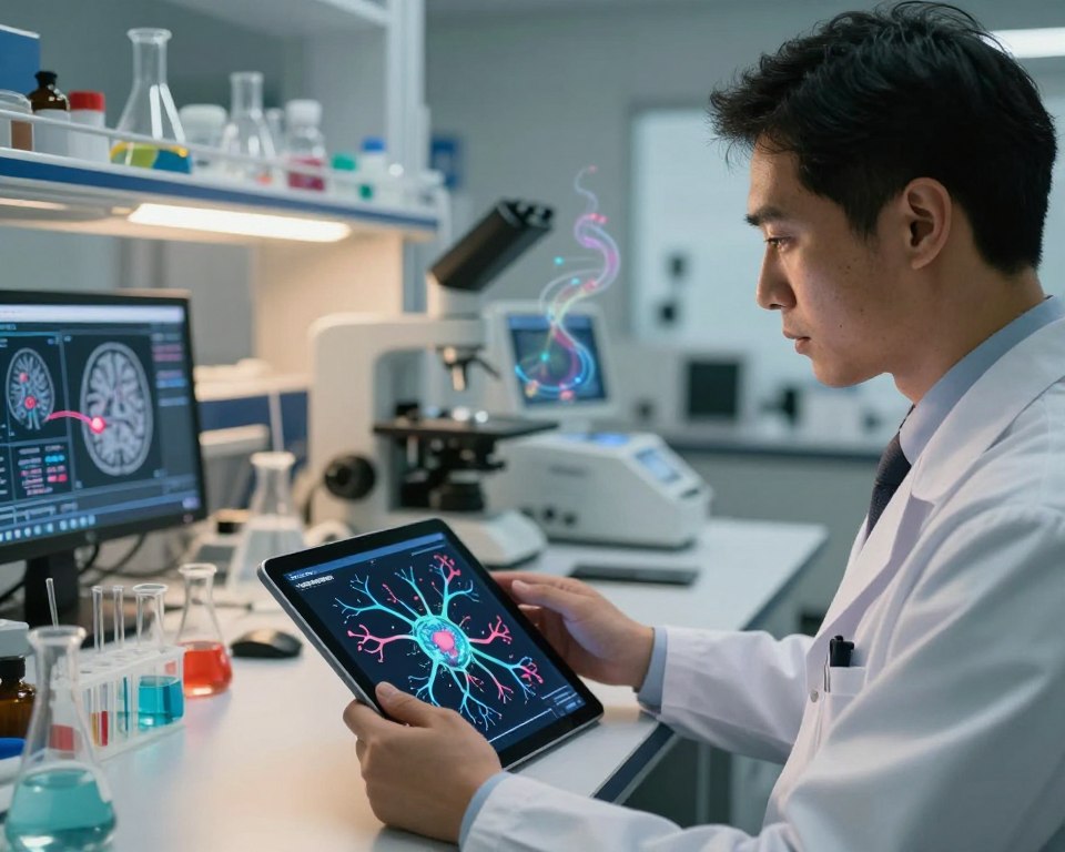A professional analysis setting illustrating the diagnostic challenges of neuroinflammation and VOC exposure. In the foreground, a focused researcher in business attire examines a complex neural network diagram on a digital tablet, portraying intense concentration. The middle ground features a modern laboratory filled with analytical instruments, chemical samples, and brain imagery on screens, symbolizing scientific inquiry. In the background, soft lighting bathes the space in a warm glow, enhancing the mood of contemplation and exploration. Subtle visual elements, such as swirling patterns of colorful molecules or gas representations, hint at VOCs, creating an atmosphere of mystery and inquiry that connects the themes of neuroinflammation and cognitive effects. The perspective is slightly angled to provide depth, inviting viewers into the scene without any text or distractions.