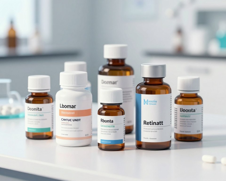 A professional and informative illustration depicting oral retinoids, featuring a collection of various retinoid pill bottles arranged neatly on a clean, sterile white surface. In the foreground, focus on a few distinct bottles with different shapes and labels, showcasing diverse retinoid formulations. The middle layer includes a subtle shadow cast by the bottles, accentuating their presence. In the background, a softly blurred clinical setting with subtle medical equipment hints at a healthcare environment, ensuring the focus remains on the medications. Use natural daylight to create a bright and informative atmosphere that conveys a sense of caution and professionalism. The overall mood should be serious and educational, ideal for conveying the risks associated with oral retinoid medications in a clear and impactful manner.