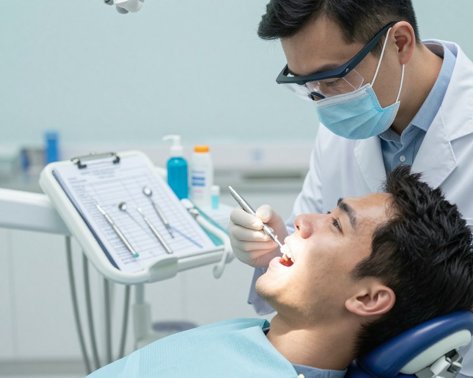 A professional dental environment showcasing a dental assessment for teeth whitening safety. In the foreground, a dentist, dressed in a white lab coat and wearing safety goggles, is attentively examining a patient's teeth with a dental tool. The patient, seated comfortably in a modern dental chair, displays a look of trust. In the middle ground, a dental chart with detailed notes is visible, alongside various dental tools and whitening products neatly arranged on a counter. The background features soft, natural lighting that creates a calm and inviting atmosphere, with light blue and white color tones enhancing professionalism. The image should be captured with a close-up angle to emphasize the interaction and ensure a focus on dental safety and thorough assessment.