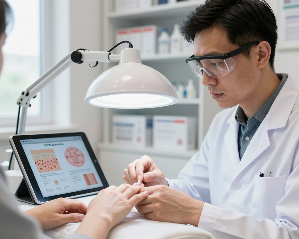 A professional dermatologist in a modern clinic setting, examining a patient's skin under a bright UV lamp for gel nail curing safety. In the foreground, a close-up of the dermatologist's focused, analytical expression, wearing a lab coat and safety goggles, holding a tablet with educational graphics on skin health. The middle ground features the patient's hand resting on a clean medical surface, with gel nails reflecting the UV light. In the background, shelves filled with dermatological resources and guidelines, softly lit by natural light coming through a window, creating an atmosphere of professionalism and education. The overall mood is informative and serious, capturing the essence of educational limitations and image disclosure.