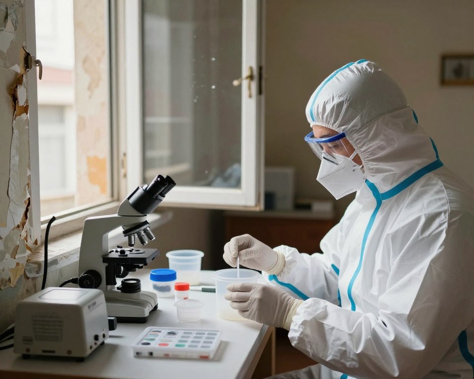 A professional environmental engineer conducts asbestos testing procedures in an older home. In the foreground, a person wearing a protective suit, mask, and gloves carefully collects air samples in a sterile container. On the table, various testing equipment like a microscope, a dust sampling pump, and test kits are neatly arranged. The middle ground includes an open window, revealing aged, peeling wallpaper and exposed insulation, hinting at potential asbestos presence. The background shows a dimly lit room, subtly illuminated by a warm, diffused light, creating a serious yet calm atmosphere. The angle captures a close-up view of the engineer’s focused expression, emphasizing diligence and care in ensuring safety. The overall mood conveys a professional commitment to health and safety in the context of historical building assessments. A professional environmental engineer conducts asbestos testing procedures in an older home. In the foreground, a person wearing a protective suit, mask, and gloves carefully collects air samples in a sterile container. On the table, various testing equipment like a microscope, a dust sampling pump, and test kits are neatly arranged. The middle ground includes an open window, revealing aged, peeling wallpaper and exposed insulation, hinting at potential asbestos presence. The background shows a dimly lit room, subtly illuminated by a warm, diffused light, creating a serious yet calm atmosphere. The angle captures a close-up view of the engineer’s focused expression, emphasizing diligence and care in ensuring safety. The overall mood conveys a professional commitment to health and safety in the context of historical building assessments.
