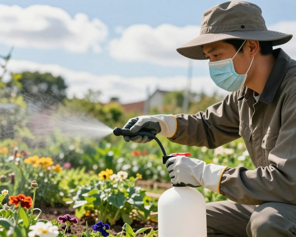 A professional gardener in modest, protective clothing carefully applies garden fungicide in a vibrant, flourishing garden. In the foreground, the gardener is wearing a wide-brimmed hat, gloves, and a mask, demonstrating safety equipment essential for handling chemicals. The middle ground features various healthy plants and flowers, showcasing the positive impact of proper fungicide use. The background includes a sunny blue sky with fluffy clouds, casting soft, natural light that enhances the scene's warmth. The overall atmosphere conveys a sense of responsibility and care, emphasizing the importance of safety in gardening while using fungicides. A close-up angle focuses on the gardener’s concentrated expression, highlighting the meticulous nature of their work.