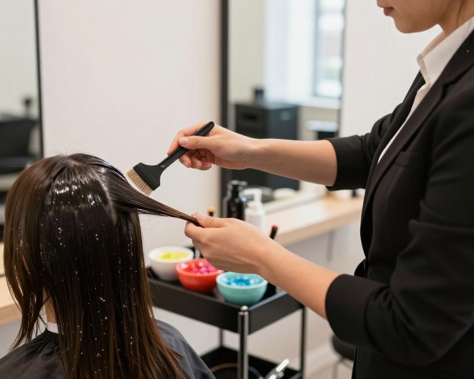 A professional hair stylist applying hair dye in a well-lit salon space, showcasing effective application techniques. In the foreground, a stylist dressed in smart business attire carefully applies dye to a client's hair using a brush, demonstrating a precise and methodical approach. The middle area focuses on colorful bowls of dye and hair tools laid out neatly on a salon cart, emphasizing professionalism. The background reveals salon equipment and mirrors, with soft, natural lighting that creates an inviting and warm atmosphere. The scene captures the contrast between skilled salon application and at-home kits, evoking trust and expertise in hair care. The composition is balanced and framed to enhance the interaction between stylist and client.