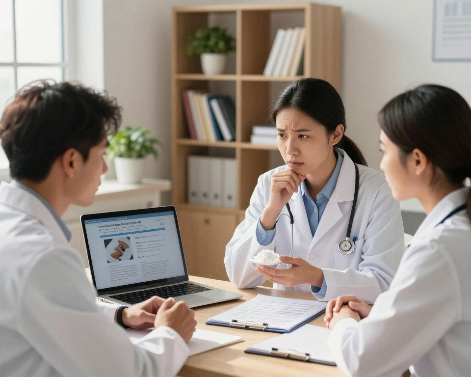 A professional medical consultation scene in a well-lit, modern office. In the foreground, a diverse group of two healthcare professionals, a male physician and a female dermatologist, both dressed in professional attire, are discussing a compact of talc powder with concern. The middle ground features an open laptop displaying medical research on talc powder health risks, alongside a report on cosmetic safety. In the background, a bookshelf filled with medical textbooks and a potted plant create a warm yet serious atmosphere. Soft, natural light streams through a nearby window, casting gentle shadows and enhancing the mood of professionalism and seriousness regarding health risks associated with talc. The composition emphasizes the importance of seeking medical advice and conveys a sense of urgency and care.