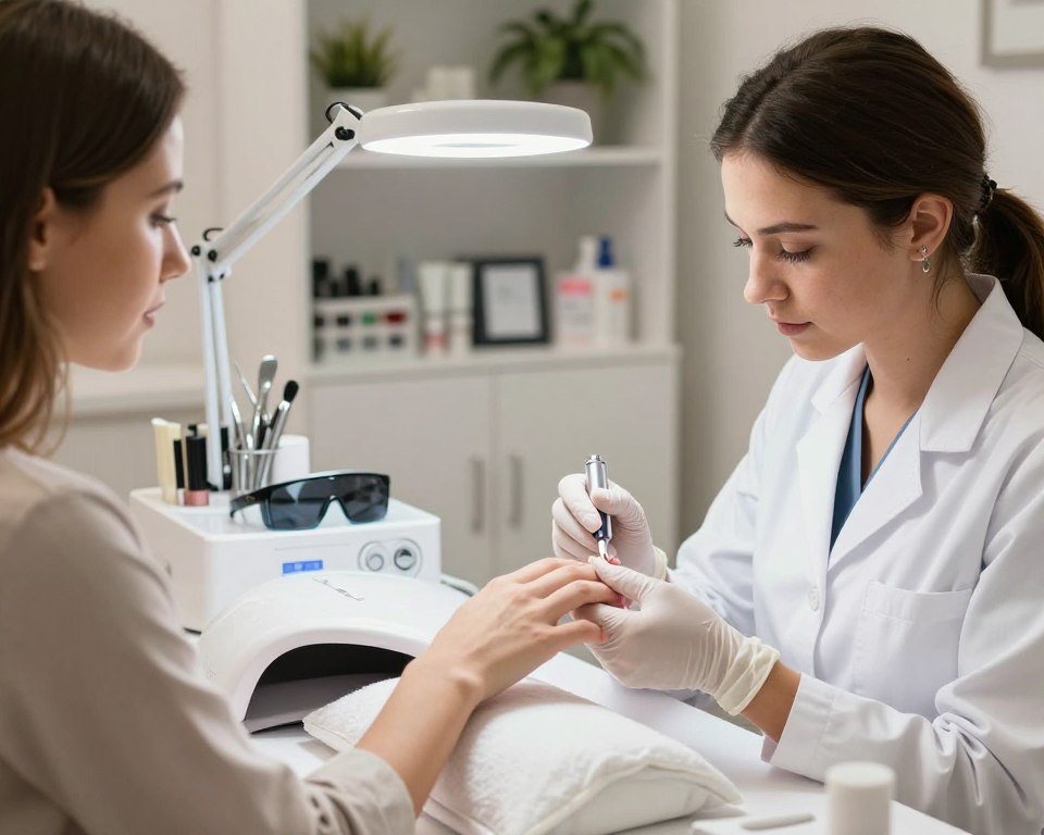 A professional salon environment featuring a well-lit nail station equipped with a UV lamp emitting a soft, calming light. In the foreground, a technician in a clean, white lab coat carefully applies a gel nail treatment on a client's hand, wearing protective gloves. The technician's face displays focus and dedication to safety, and the client looks relaxed and reassured. In the middle ground, various safety equipment like UV protective glasses and a timer are visible, emphasizing the importance of compliance with safety standards. The background showcases a neat arrangement of nail tools and products, with potted plants adding a touch of warmth. The overall atmosphere is one of professionalism and care, with a gentle, natural light source enhancing the scene.
