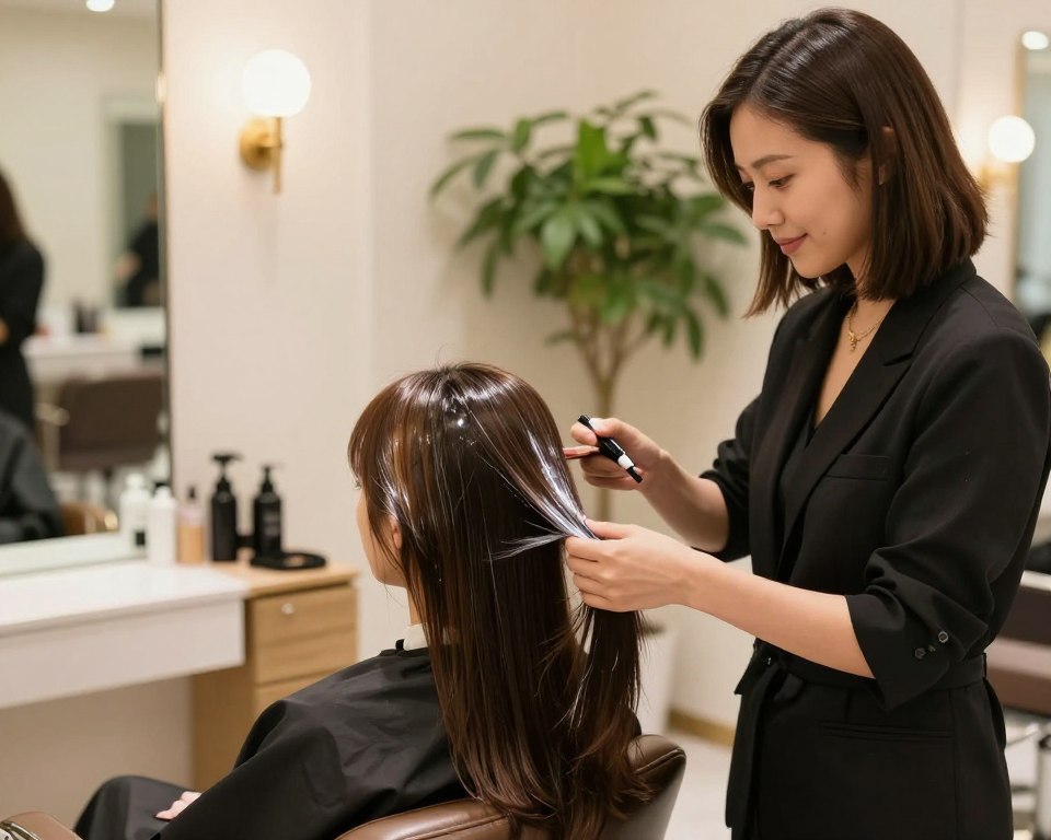 A professional salon scene showcasing a keratin treatment without formaldehyde. In the foreground, a stylist, dressed in smart, professional attire, carefully applies a smooth, shimmering keratin solution to a client's hair. The stylist has mid-length, sleek hair and is focused and attentive with a gentle smile. In the middle ground, the client relaxes in a modern salon chair, her hair glowing under soft, warm lighting, radiating a sense of tranquility. The background features elegant salon décor with stylish mirrors and lush green plants, enhancing the calming atmosphere. The image is captured with a soft-focus lens, creating a warm, inviting mood, perfect for emphasizing the benefits of non-formaldehyde treatments in professional hair care.