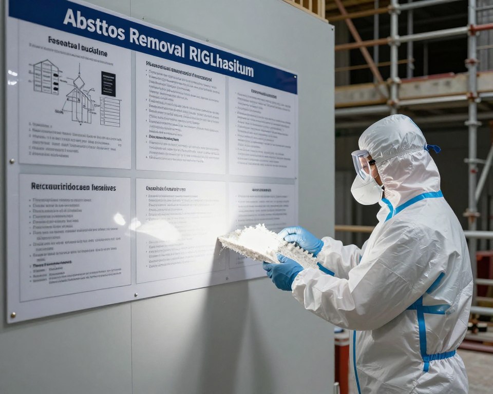 A professional setting depicting asbestos removal regulations in the United States. In the foreground, show a qualified worker in a protective suit and mask, carefully handling asbestos material under a well-lit, focused beam of light. In the middle ground, visualize a detailed display of safety regulations, symbolized by clearly marked guidelines and schematics pinned to a wall. The background features a construction site with scaffolding and safety equipment, emphasizing the regulatory aspect. The atmosphere should be serious yet informative, with a clean and sterile environment, highlighting the importance of safety in asbestos removal. The image should capture the essence of compliance and professionalism without any text or distractions. A professional setting depicting asbestos removal regulations in the United States. In the foreground, show a qualified worker in a protective suit and mask, carefully handling asbestos material under a well-lit, focused beam of light. In the middle ground, visualize a detailed display of safety regulations, symbolized by clearly marked guidelines and schematics pinned to a wall. The background features a construction site with scaffolding and safety equipment, emphasizing the regulatory aspect. The atmosphere should be serious yet informative, with a clean and sterile environment, highlighting the importance of safety in asbestos removal. The image should capture the essence of compliance and professionalism without any text or distractions.