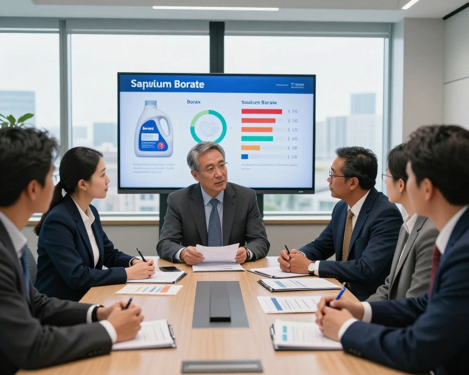 A professional setting depicting the regulatory oversight of laundry chemicals in the United States. In the foreground, a diverse group of regulatory officials in business attire, discussing safety standards, with documents and charts scattered around a conference table. In the middle ground, a large screen displaying infographics and safety ratings of laundry chemicals like Borax and Sodium Borate. The background features a modern government office with large windows, bright natural light flooding the room, and a skyline view. The mood is serious and analytical, reflecting the importance of safety regulations. The camera angle is slightly elevated, capturing both the engaged officials and the informative visuals behind them.
