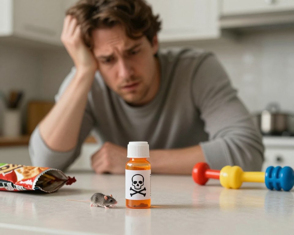 A realistic and educational scene illustrating the dangers of rat poison ingestion. In the foreground, a close-up of a small bottle of rat poison, clearly labeled with a skull-and-crossbones symbol, lies on a kitchen counter. Scattered around the bottle are various household items, like a half-opened snack pack and a child's toy, suggesting a domestic environment where children or pets might accidentally encounter it. In the middle ground, a concerned adult, dressed in modest casual clothing, is inspecting the bottle with a worried expression, emphasizing the severity of the situation. The background is softly blurred, showing a faint outline of a kitchen with warm lighting, enhancing the tense atmosphere while making the scene educational and focused. The mood should evoke a sense of caution and awareness.