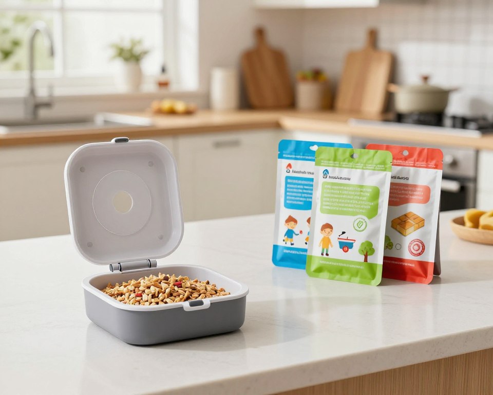 A realistic and informative depiction of a non-toxic rodent bait station, designed for safe use in homes with children. The foreground shows an open, modern bait station with visible non-toxic bait inside, positioned on a clean kitchen countertop. In the middle, there are colorful packaging labels indicating safety features and ingredients, with a focus on bright, inviting colors to convey a sense of safety. The background features a cozy, family-oriented kitchen setting, with soft, natural lighting coming through a nearby window, creating a warm atmosphere. The angle is slightly above, capturing the bait station and the surrounding kitchen environment. The mood is positive and reassuring, emphasizing safety and child-friendliness.