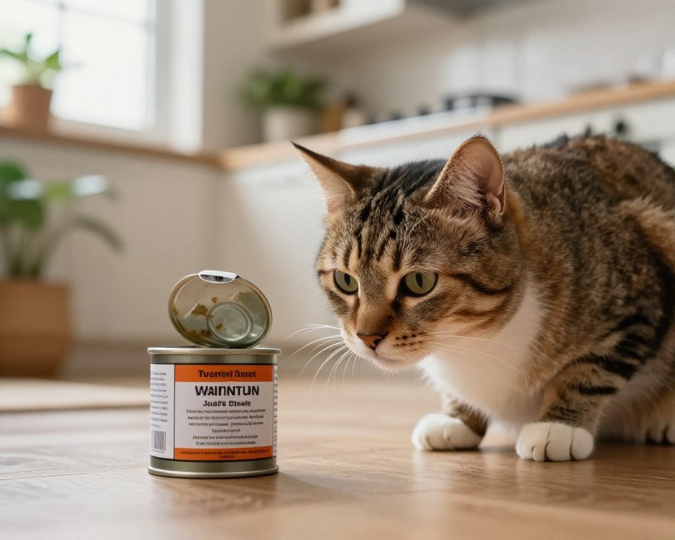 A realistic depiction of a concerned household pet, specifically a cat, sniffing near an open rat poison container in a cozy kitchen environment. In the foreground, the cat's expressive face shows curiosity but also a hint of apprehension. The middle ground features a nearly empty rat poison container, with warning labels clearly visible. The background contains a well-lit kitchen, emphasizing a safe home space, with plants and light streaming in through a window, contrasting the danger of the poison. The lighting is warm and soft, creating an atmosphere of concern and caution. The focus should be sharp on the cat and poison while gently blurring the background to enhance the subjectivity of the scene.