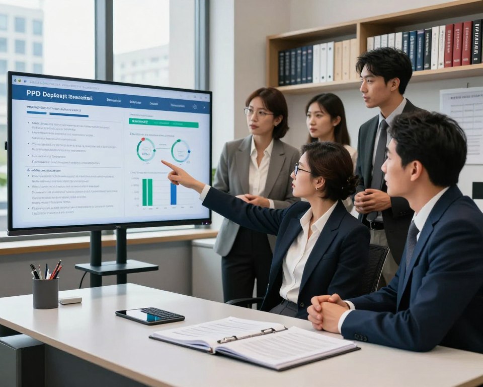 A regulatory office interior focused on hair dye safety standards, with a sleek, modern desk in the foreground, featuring open folders and documents about PPD regulations. In the middle, a diverse group of professionals in business attire discusses regulatory charts and safety limits, pointing at a large digital screen displaying compliance guidelines and statistics. The background reveals shelves filled with reference books on cosmetic safety and a view of a large window showing a cityscape under clear daylight. Soft, natural lighting highlights the professionals’ serious expressions, creating a focused and informative atmosphere, emphasizing the importance of safety in hair dye regulations.