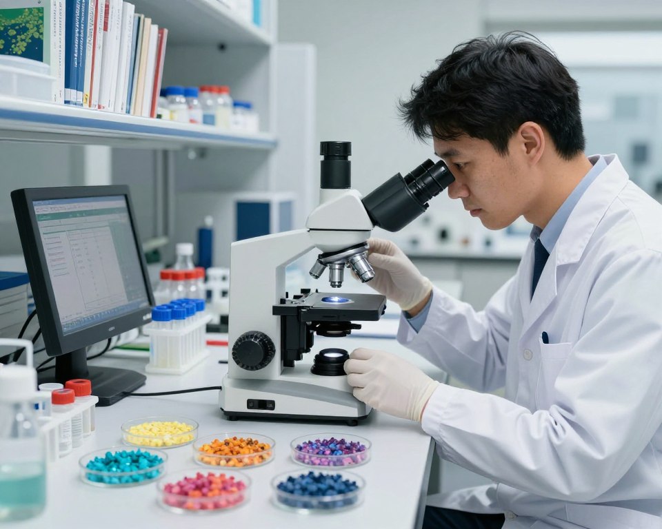 A research laboratory focused on microplastics analysis, showcasing a scientist in a white lab coat, intently examining a sample under a high-powered microscope. The foreground features detailed lab equipment such as petri dishes filled with colorful microplastic particles and a digital display showing analytical data. In the middle, a well-organized lab bench is equipped with vials and sample containers, with a backdrop of shelves stocked with scientific journals on environmental science and plastic pollution. The lighting is bright and sterile, highlighting the intricate details of the samples, while maintaining a professional, serious atmosphere. Capture the scene at a slight angle to emphasize the active research process, evoking a sense of urgency and dedication to understanding microplastics.
