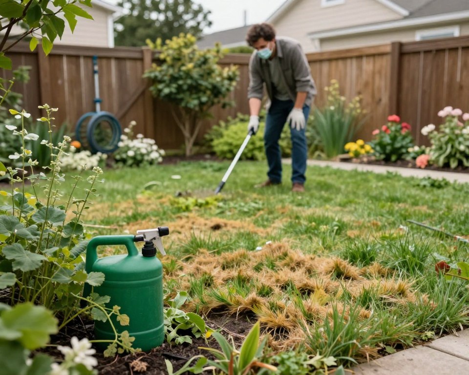 A residential backyard scene depicting the effects of Roundup exposure. In the foreground, a small patch of grass shows signs of wilting and discoloration, indicating damage from chemical exposure. A garden sprayer lies on the ground nearby, partially obscured by overgrown weeds. In the middle ground, a concerned homeowner in modest casual clothing inspects the affected area, wearing gloves and a mask for protection. The background features a typical suburban setting with a wooden fence and blooming flowerbeds, emphasizing the contrast between healthy and affected plants. Use soft, natural lighting to create a serene yet uneasy atmosphere, capturing the tension between a well-kept yard and the repercussions of herbicide use. Aim for a balanced composition with a slight downward angle to convey depth and focus on the impact of the herbicide.