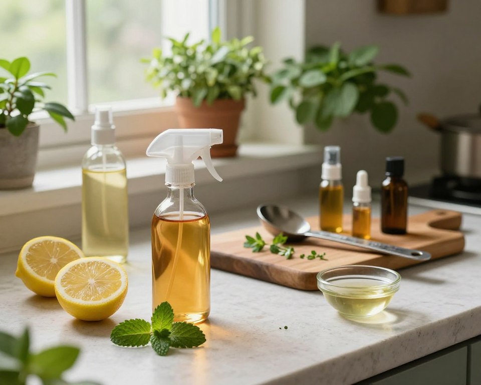 A rustic kitchen countertop showcases a variety of homemade ant spray ingredients. In the foreground, a clear glass spray bottle filled with an amber liquid sits next to sliced lemons, fresh mint leaves, and a small bowl of vinegar, emphasizing a natural and eco-friendly approach. The middle ground features a wooden cutting board adorned with measuring spoons, some essential oils, and scattered herbs, hinting at DIY recipes. In the background, soft natural light filters through a window draped with light fabric, creating a warm and inviting atmosphere. The image captures a sense of safety and natural living, lined with lush green potted plants for added freshness. The overall mood is calm and reassuring, perfect for illustrating the topic of homemade ant spray and its safety.