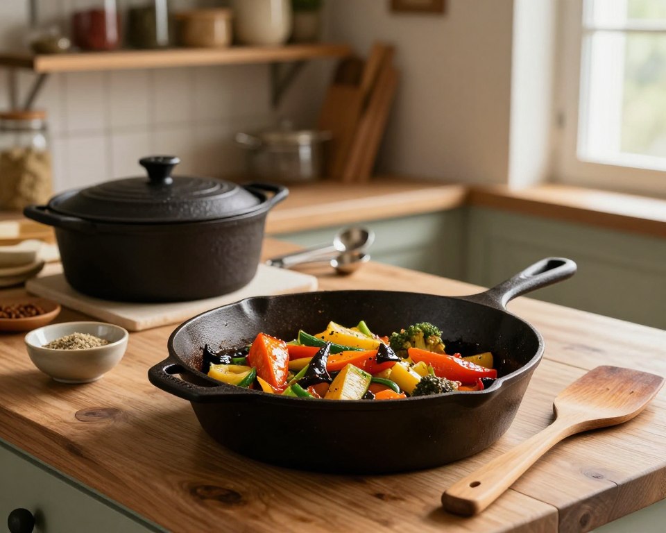 A rustic kitchen scene featuring a well-seasoned cast iron skillet placed prominently in the foreground on a wooden countertop. The skillet should showcase its rich, dark surface and be filled with vibrant sautéed vegetables, glistening with a hint of oil. Beside the skillet, place a wooden spatula and a small bowl of seasoning for added context. In the middle ground, include an array of traditional cooking tools like a cast iron Dutch oven and a set of measuring spoons. The background should feature softly blurred warm-toned kitchen shelves lined with spices and utensils, bathed in natural light streaming through a nearby window, creating a cozy and inviting atmosphere that emphasizes the art of seasoning cast iron cookware. A rustic kitchen scene featuring a well-seasoned cast iron skillet placed prominently in the foreground on a wooden countertop. The skillet should showcase its rich, dark surface and be filled with vibrant sautéed vegetables, glistening with a hint of oil. Beside the skillet, place a wooden spatula and a small bowl of seasoning for added context. In the middle ground, include an array of traditional cooking tools like a cast iron Dutch oven and a set of measuring spoons. The background should feature softly blurred warm-toned kitchen shelves lined with spices and utensils, bathed in natural light streaming through a nearby window, creating a cozy and inviting atmosphere that emphasizes the art of seasoning cast iron cookware.