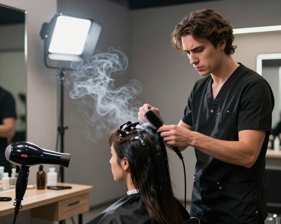 A salon setting with a modern design featuring a hairstylist (in professional attire) using a keratin hair treatment on a client. Focus on the hairstylist's concerned expression, illustrating the hidden dangers of formaldehyde inhalation. In the foreground, there are tools like a blow dryer and hairbrush, while in the middle, billowing fumes of formaldehyde are visually represented, subtly twisting through the air towards the hairstylist. In the background, bright salon lights illuminate the scene, casting shadows that enhance the tension. The atmosphere should be serious yet informative, showcasing the health risks involved in a typical salon environment. The color palette should include cool grays and warm wood tones to emphasize the duality of beauty and danger.