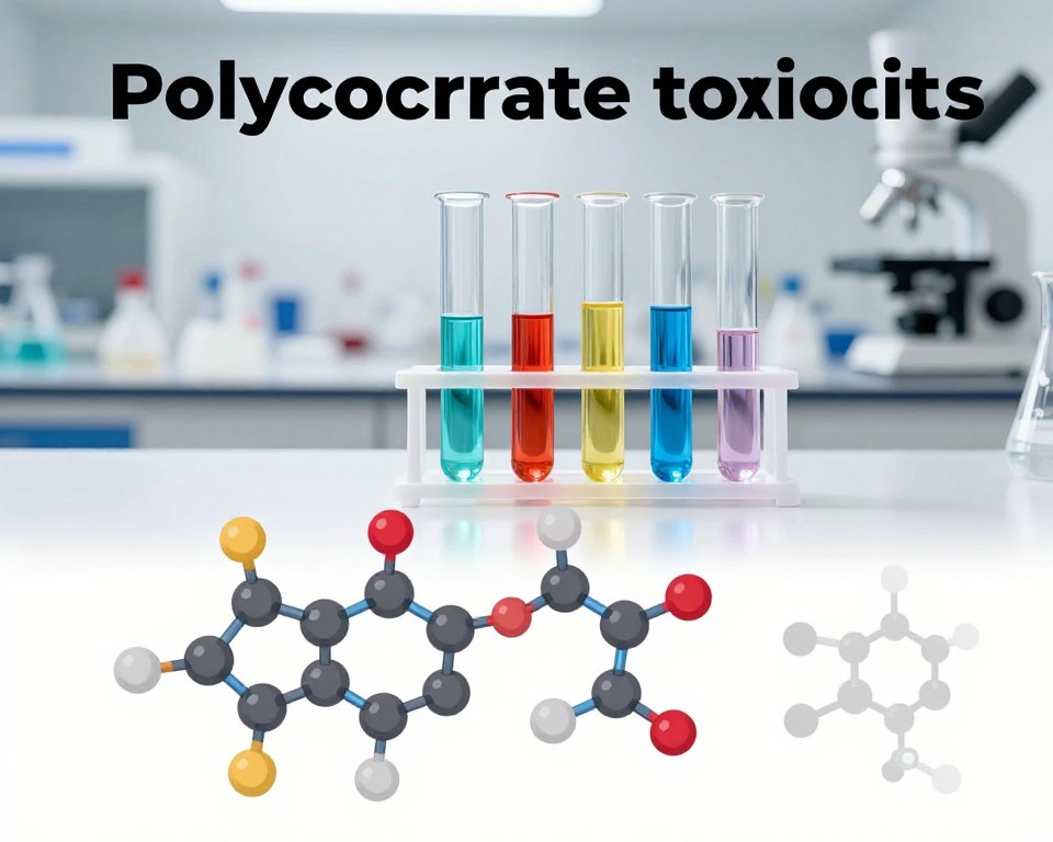 A scientific illustration depicting polycarbonate toxicity levels and exposure thresholds. In the foreground, a detailed infographic-style representation of a polycarbonate molecular structure with highlighted toxic elements, rendered in vivid colors. In the middle ground, a series of glass beakers and test tubes containing liquids of varying colors, symbolizing different toxicity levels, set against a sterile laboratory backdrop. The background features a blurred laboratory environment, showcasing safety equipment and scientific instruments under bright, white lighting to create a clean, clinical atmosphere. The mood is serious and informative, emphasizing the importance of understanding polycarbonate toxicity. The composition should be well-balanced and professional, with no text or additional elements. A scientific illustration depicting polycarbonate toxicity levels and exposure thresholds. In the foreground, a detailed infographic-style representation of a polycarbonate molecular structure with highlighted toxic elements, rendered in vivid colors. In the middle ground, a series of glass beakers and test tubes containing liquids of varying colors, symbolizing different toxicity levels, set against a sterile laboratory backdrop. The background features a blurred laboratory environment, showcasing safety equipment and scientific instruments under bright, white lighting to create a clean, clinical atmosphere. The mood is serious and informative, emphasizing the importance of understanding polycarbonate toxicity. The composition should be well-balanced and professional, with no text or additional elements.