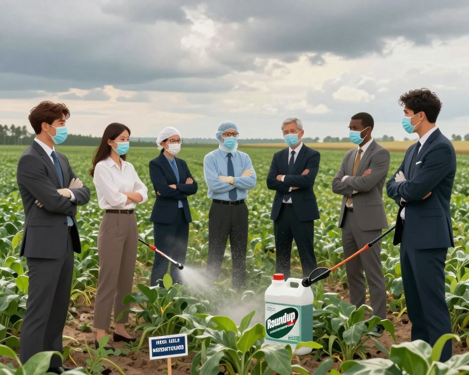 A scientific illustration depicting the health risks associated with glyphosate in occupational environments. In the foreground, a diverse group of professionals in business attire examining a field with the herbicide Roundup being applied. They wear protective gear, including gloves and masks, looking contemplative and concerned as they discuss possible health implications. The middle ground shows lush green crops with signs of potential damage, symbolizing the impact of glyphosate use. The background features a cloudy sky, hinting at uncertainty and urgency regarding safety. Soft diffused lighting highlights the scene, creating a serious yet informative atmosphere. The perspective is slightly elevated, giving a broad view of the landscape while emphasizing the professionals' focus on health risks.