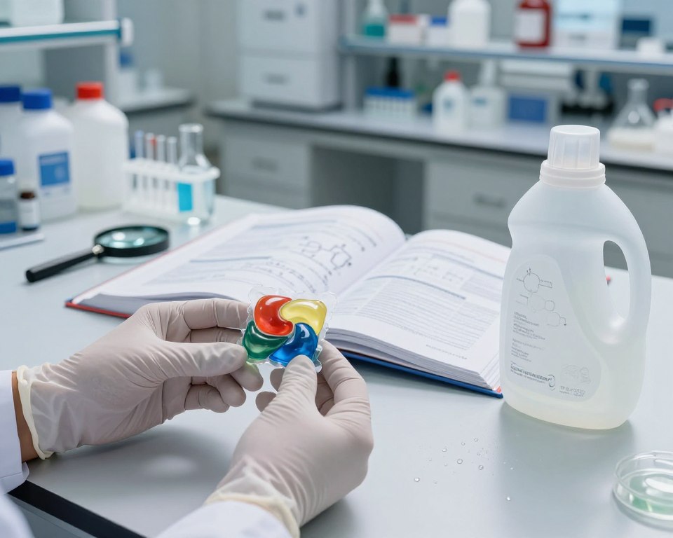 A scientific workspace focused on the analysis of laundry products. In the foreground, a pair of professional hands in white lab gloves hold a concentrated laundry pod, with vibrant colors and textures visible. Next to it, a clear bottle of liquid detergent rests atop a reflective surface, with droplets glistening. In the middle, an open textbook displays chemical structures and safety data, alongside analytical tools like a magnifying glass and Petri dishes. The background features a well-lit laboratory with shelving units filled with chemical containers and safety equipment, while soft, diffused lighting creates a focused and professional mood. The angle is slightly overhead to capture the details. The overall atmosphere is one of inquiry and meticulous examination, conveying the theme of toxicity analysis in a visually engaging way.