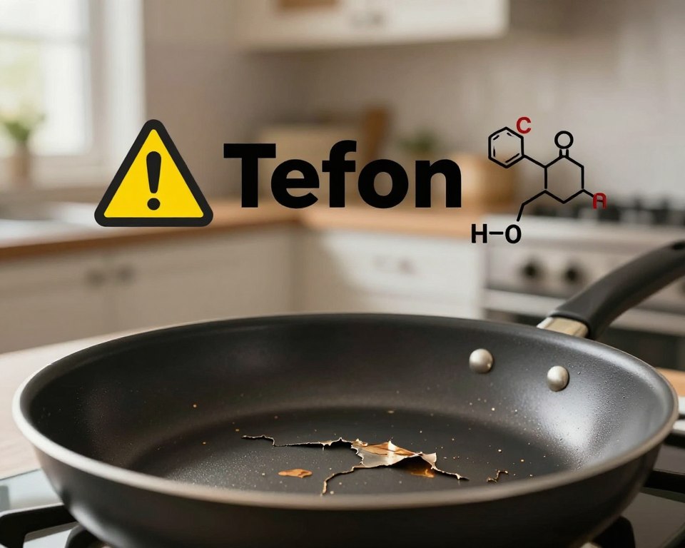 A scientifically detailed depiction of the health risks associated with Teflon exposure. In the foreground, showcase a close-up view of a frying pan with an uncoated, peeling Teflon surface, emphasizing the texture deterioration and potential chemical release. In the middle ground, illustrate caution symbols and chemical structures symbolizing toxic compounds, rendered in muted colors for a serious tone. The background should feature a kitchen environment, softly lit with warm light, suggesting a typical domestic setting, contrasting the potential dangers presented. Create a mood of concern and awareness, using a slightly blurred focus to emphasize the kitchen while keeping the foreground elements sharp and detailed, with a lens effect to capture the essence of the topic. A scientifically detailed depiction of the health risks associated with Teflon exposure. In the foreground, showcase a close-up view of a frying pan with an uncoated, peeling Teflon surface, emphasizing the texture deterioration and potential chemical release. In the middle ground, illustrate caution symbols and chemical structures symbolizing toxic compounds, rendered in muted colors for a serious tone. The background should feature a kitchen environment, softly lit with warm light, suggesting a typical domestic setting, contrasting the potential dangers presented. Create a mood of concern and awareness, using a slightly blurred focus to emphasize the kitchen while keeping the foreground elements sharp and detailed, with a lens effect to capture the essence of the topic.