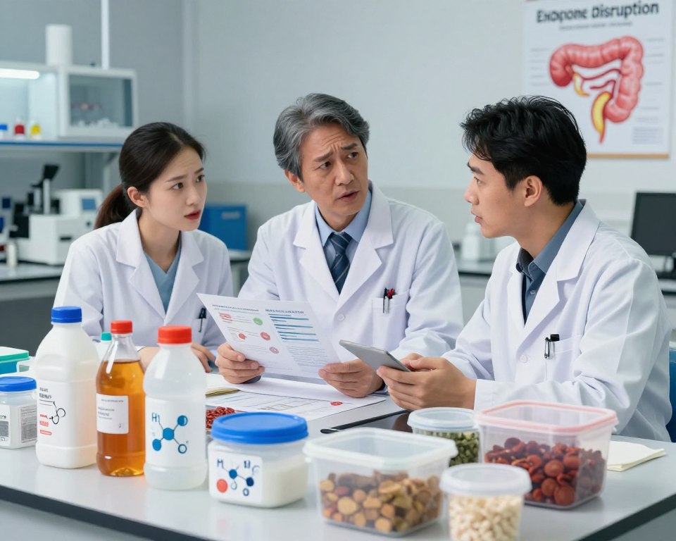 A scientifically themed illustration depicting the health risks associated with chronic exposure to hormone-disrupting plastics. In the foreground, a table cluttered with various plastic containers (like bottles and food storage) showcasing chemical symbols and molecular structures. In the middle ground, two healthcare professionals in professional attire discussing findings, with concerned expressions, surrounded by charts and infographics illustrating health impacts. The background features a blurred laboratory with high-tech equipment and a poster on the wall illustrating endocrine disruption. Soft, diffused lighting enhances the seriousness of the scene, creating a mood of caution and urgency. The composition should have a balanced focus on both the plastic containers and the healthcare professionals, shot from a slight angle to add depth and context. A scientifically themed illustration depicting the health risks associated with chronic exposure to hormone-disrupting plastics. In the foreground, a table cluttered with various plastic containers (like bottles and food storage) showcasing chemical symbols and molecular structures. In the middle ground, two healthcare professionals in professional attire discussing findings, with concerned expressions, surrounded by charts and infographics illustrating health impacts. The background features a blurred laboratory with high-tech equipment and a poster on the wall illustrating endocrine disruption. Soft, diffused lighting enhances the seriousness of the scene, creating a mood of caution and urgency. The composition should have a balanced focus on both the plastic containers and the healthcare professionals, shot from a slight angle to add depth and context.