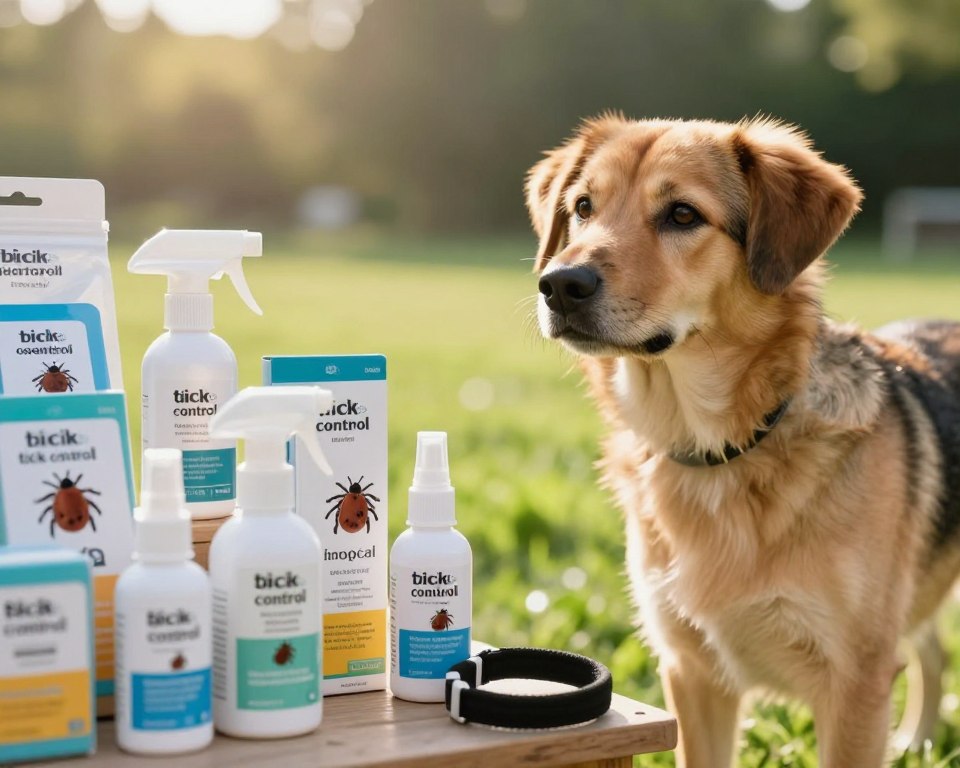 A selection of tick control products displayed prominently in the foreground, including sprays, topical treatments, and collars, all labeled clearly. In the middle ground, a healthy dog looks curiously at one of the products, with its fur shining under soft, natural lighting that creates a warm atmosphere. In the background, a sunlit outdoor setting, lush green grass, and hints of trees suggest a safe environment for pets. The angle captures the dog and products at a slight tilt, inviting the viewer to explore the scene. The overall mood conveys a sense of care and protection, emphasizing safe ways to manage tick control for pets. A selection of tick control products displayed prominently in the foreground, including sprays, topical treatments, and collars, all labeled clearly. In the middle ground, a healthy dog looks curiously at one of the products, with its fur shining under soft, natural lighting that creates a warm atmosphere. In the background, a sunlit outdoor setting, lush green grass, and hints of trees suggest a safe environment for pets. The angle captures the dog and products at a slight tilt, inviting the viewer to explore the scene. The overall mood conveys a sense of care and protection, emphasizing safe ways to manage tick control for pets.