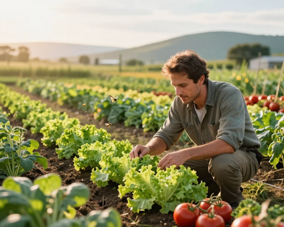 A serene agricultural landscape at dawn, showcasing a diverse organic farm with vibrant crops like tomatoes, lettuce, and herbs, flourishing under soft, warm sunlight. In the foreground, a farmer dressed in modest casual attire is inspecting a healthy plant, examining it closely with a thoughtful expression. The middle ground features rows of organic plants, while bees and butterflies gently flit about, representing the natural ecosystem. The background reveals distant hills and a clear sky. Bright, inviting colors enhance the atmosphere, creating a sense of safety and health. The composition is slightly tilted downward towards the farmer, with a shallow depth of field that softly blurs the background, directing focus on the subject and emphasizing the connection between organic farming and human health.