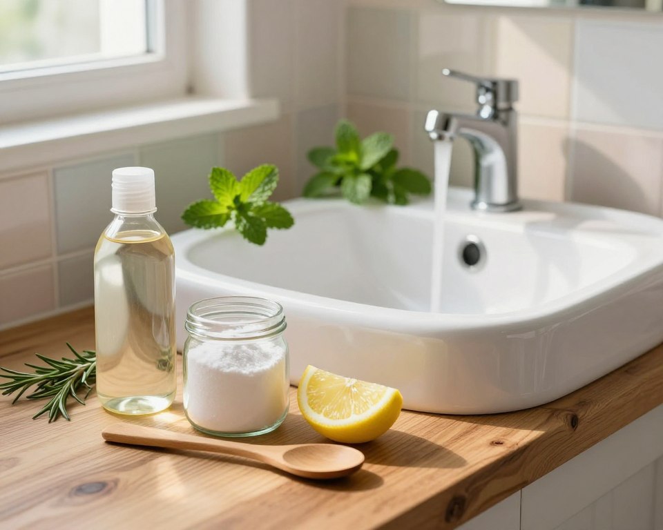 A serene and clean small bathroom setting, featuring natural cleaning alternatives for drains. In the foreground, a collection of eco-friendly items: a bottle of vinegar, a jar of baking soda, a slice of lemon, and a wooden spoon neatly arranged on a rustic wooden countertop. In the middle, a white porcelain sink with a softly running faucet, showcasing clarity and cleanliness, adorned with fresh green herbs like mint or rosemary for a touch of freshness. In the background, light pastel-colored tiles reflect warm sunlight streaming through a nearby window, creating a cheerful and inviting atmosphere. The overall mood is calm and refreshing, emphasizing a safer and more natural approach to drain cleaning solutions. The composition captures a sense of wellness and eco-friendliness, with soft lighting enhancing the scene.
