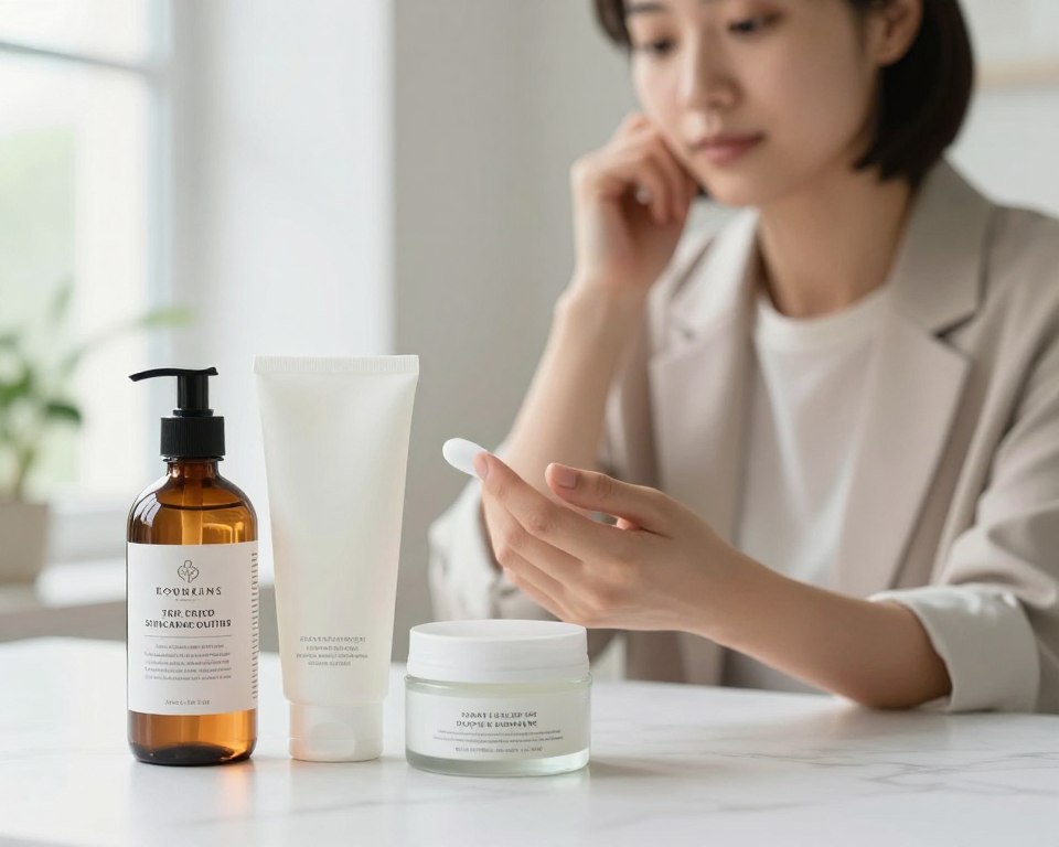 A serene and informative composition illustrating essential tips for a safe skincare routine. In the foreground, a neatly arranged array of skincare products, including a bottle of apple cider vinegar toner, a gentle cleanser, and a moisturizer, placed on a clean, white marble surface. In the middle ground, a thoughtful individual, dressed in professional casual attire, examines the products with a focused expression, embodying a sense of care and expertise. The background features soft, natural lighting filtering through a window, enhancing the calming atmosphere, with a subtle hint of greenery for freshness. The overall mood conveys trust and professionalism, inviting viewers to explore safe skincare practices.