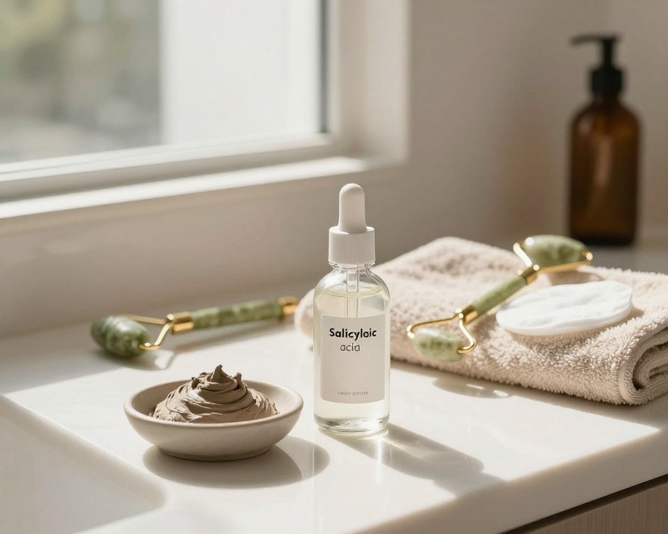 A serene and inviting bathroom counter showcasing a salicylic acid skincare routine. In the foreground, a sleek glass bottle of salicylic acid serum with a dropper stands beside a textured clay facial mask in a small dish. Mid-ground elements include neatly arranged skincare tools like a jade roller and cotton pads, all placed on a soft, neutral-toned towel. The background features a mirror reflecting gentle sunlight filtering through a frosted window, adding a warm and calming ambiance. Soft shadows play on the counter, creating a sense of tranquility. Overall, the atmosphere is clean, organized, and focused on self-care, inviting viewers to explore the benefits of salicylic acid in their skincare routine. A serene and inviting bathroom counter showcasing a salicylic acid skincare routine. In the foreground, a sleek glass bottle of salicylic acid serum with a dropper stands beside a textured clay facial mask in a small dish. Mid-ground elements include neatly arranged skincare tools like a jade roller and cotton pads, all placed on a soft, neutral-toned towel. The background features a mirror reflecting gentle sunlight filtering through a frosted window, adding a warm and calming ambiance. Soft shadows play on the counter, creating a sense of tranquility. Overall, the atmosphere is clean, organized, and focused on self-care, inviting viewers to explore the benefits of salicylic acid in their skincare routine.
