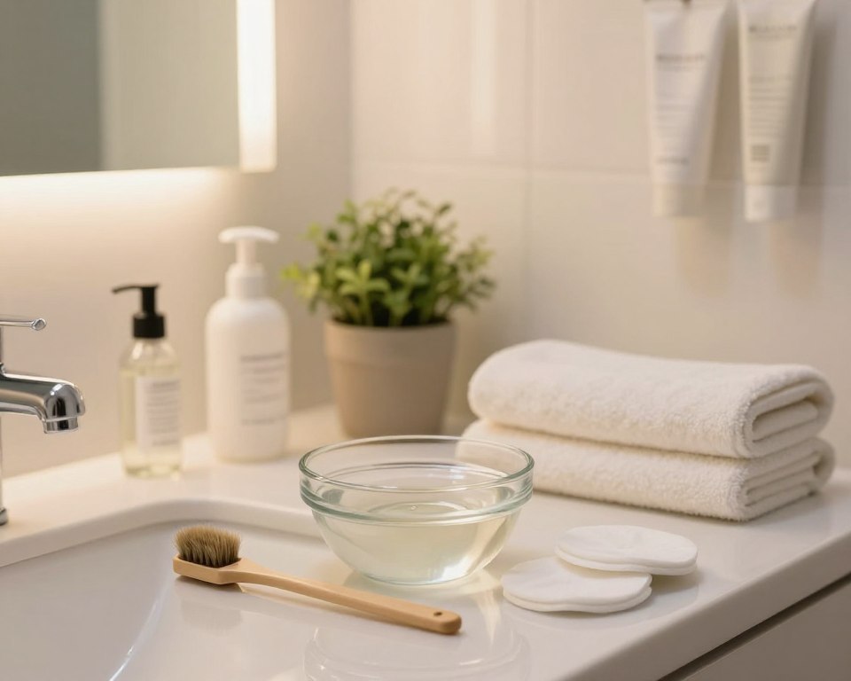 A serene and inviting bathroom scene focused on a well-organized vanity. In the foreground, a clear glass bowl filled with a gentle-looking chemical peel solution, alongside an applicator brush and a few cotton pads. In the middle, a neatly folded towel sits next to a small potted plant, adding a touch of greenery. The background features soft, warm lighting that creates a calming atmosphere, with a mirror reflecting the entire setup. On the wall, there are subtle hints of skincare products in aesthetically pleasing packaging, suggesting a home spa vibe. The overall mood is soothing and safe, emphasizing a peaceful, professional environment for at-home skincare routines. A serene and inviting bathroom scene focused on a well-organized vanity. In the foreground, a clear glass bowl filled with a gentle-looking chemical peel solution, alongside an applicator brush and a few cotton pads. In the middle, a neatly folded towel sits next to a small potted plant, adding a touch of greenery. The background features soft, warm lighting that creates a calming atmosphere, with a mirror reflecting the entire setup. On the wall, there are subtle hints of skincare products in aesthetically pleasing packaging, suggesting a home spa vibe. The overall mood is soothing and safe, emphasizing a peaceful, professional environment for at-home skincare routines.