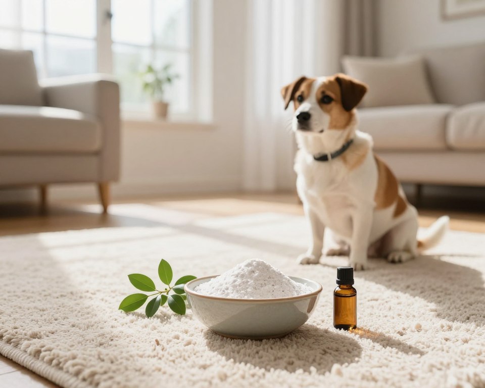 A serene and inviting living room setting designed for pet owners, featuring a plush, light-colored carpet in the foreground. A small, decorative bowl containing pet-safe carpet deodorizer powder sits prominently, with natural plant-based ingredients like baking soda and essential oils subtly displayed around it. In the middle ground, a playful dog sits curiously beside the bowl, conveying a sense of safety and comfort. The background showcases a bright, airy room with sunlight streaming through large windows, casting soft shadows and highlighting the cozy atmosphere. The scene is captured using a warm lighting setup with a shallow depth of field, focusing on the deodorizer while creating a soft bokeh effect with the living room details, enhancing a fresh, wholesome vibe. A serene and inviting living room setting designed for pet owners, featuring a plush, light-colored carpet in the foreground. A small, decorative bowl containing pet-safe carpet deodorizer powder sits prominently, with natural plant-based ingredients like baking soda and essential oils subtly displayed around it. In the middle ground, a playful dog sits curiously beside the bowl, conveying a sense of safety and comfort. The background showcases a bright, airy room with sunlight streaming through large windows, casting soft shadows and highlighting the cozy atmosphere. The scene is captured using a warm lighting setup with a shallow depth of field, focusing on the deodorizer while creating a soft bokeh effect with the living room details, enhancing a fresh, wholesome vibe.