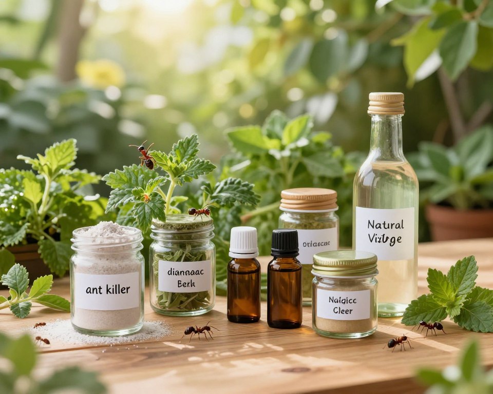 A serene and inviting natural setting depicting a selection of natural ant killer alternatives. In the foreground, there's a wooden table displaying small glass jars filled with various organic substances like diatomaceous earth, essential oils, and vinegar, each labeled aesthetically. The middle ground features lush green plants and herbs, symbolizing nature’s remedies, alongside a few harmless ants exploring. In the background, a soft-focus garden with dappled sunlight filtering through leaves creates a warm and peaceful atmosphere. The scene is captured at a slightly elevated angle to highlight the jars and plants while conveying a sense of tranquility and eco-friendliness. The lighting is soft and natural, evoking a clean, wholesome vibe, suitable for an educational article about non-toxic pest solutions. A serene and inviting natural setting depicting a selection of natural ant killer alternatives. In the foreground, there's a wooden table displaying small glass jars filled with various organic substances like diatomaceous earth, essential oils, and vinegar, each labeled aesthetically. The middle ground features lush green plants and herbs, symbolizing nature’s remedies, alongside a few harmless ants exploring. In the background, a soft-focus garden with dappled sunlight filtering through leaves creates a warm and peaceful atmosphere. The scene is captured at a slightly elevated angle to highlight the jars and plants while conveying a sense of tranquility and eco-friendliness. The lighting is soft and natural, evoking a clean, wholesome vibe, suitable for an educational article about non-toxic pest solutions.