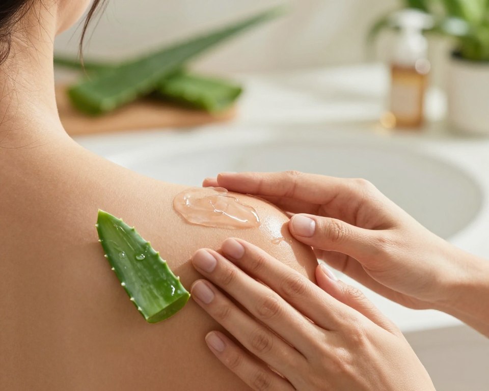 A serene and inviting scene of a person applying fresh, raw aloe vera gel to their sunburned skin, showcasing a natural and soothing process. In the foreground, a close-up of the person’s hands gently spreading the gel on their shoulder, highlighting the transparent texture and vibrant green aloe vera leaf next to them. The middle ground features a soft-focus background of a cozy bathroom or outdoor setting, with natural light filtering in, casting gentle shadows. Emphasize a calm and healing atmosphere, evoking relaxation and care in the application. Use a warm color palette with hints of green, and choose a slight overhead angle to capture the action naturally and intimately.