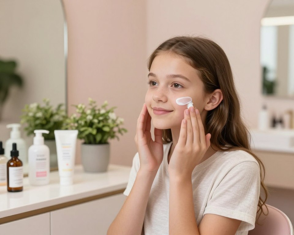 A serene and inviting skincare clinic setting with a focus on a teenage girl applying a benzoyl peroxide gel to her cheek. In the foreground, showcase her smooth, healthy skin demonstrating the product's effectiveness. She is dressed in modest casual clothing, with natural, joyful expressions, reflecting confidence and care. In the middle ground, include a well-organized counter with skincare products and plants, enhancing the freshness of the environment. The background features soft, diffused lighting that creates a calming atmosphere, with pastel-colored walls and gentle reflections. Use a slight angle to capture a dynamic view, representing a reassuring and safe space that promotes long-term skincare practices. The overall mood is positive and nurturing, signifying the importance of safe skincare for teenagers. A serene and inviting skincare clinic setting with a focus on a teenage girl applying a benzoyl peroxide gel to her cheek. In the foreground, showcase her smooth, healthy skin demonstrating the product's effectiveness. She is dressed in modest casual clothing, with natural, joyful expressions, reflecting confidence and care. In the middle ground, include a well-organized counter with skincare products and plants, enhancing the freshness of the environment. The background features soft, diffused lighting that creates a calming atmosphere, with pastel-colored walls and gentle reflections. Use a slight angle to capture a dynamic view, representing a reassuring and safe space that promotes long-term skincare practices. The overall mood is positive and nurturing, signifying the importance of safe skincare for teenagers.
