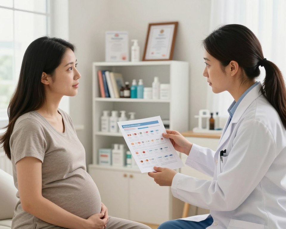 A serene and professional scene featuring a well-lit consultation room in a healthcare setting. In the foreground, a pregnant woman in modest casual attire is attentively discussing skincare with a knowledgeable dermatologist, who is wearing a white coat. The dermatologist is holding a visual chart of retinoid products, emphasizing safety during pregnancy. In the middle ground, shelves filled with skincare products, books on dermatology, and framed certificates provide a context of expertise and trust. Soft, natural lighting illuminates the room, creating a calming atmosphere. The background shows a window allowing gentle daylight to filter in, evoking a sense of reassurance and well-being. The overall mood is informative and supportive, reflecting the importance of safety in skincare during pregnancy.