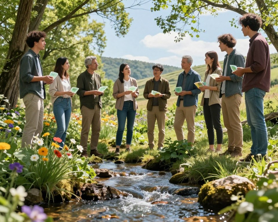 A serene and thought-provoking scene illustrating environmental safety in the context of synthetic fragrances and dyes. In the foreground, a clear, bubbling brook flows, surrounded by lush greenery and vibrant flowers, showcasing nature's resilience. Soft, natural sunlight filters through the trees, casting dappled shadows on the water. In the middle, a diverse group of professionals in modest casual clothing are engaged in a discussion, holding biodegradable samples, with expressions of concern and curiosity. In the background, a picturesque landscape includes rolling hills and a clear blue sky, emphasizing the harmony between nature and human efforts toward sustainability. The mood is hopeful yet contemplative, highlighting the importance of eco-friendly practices.