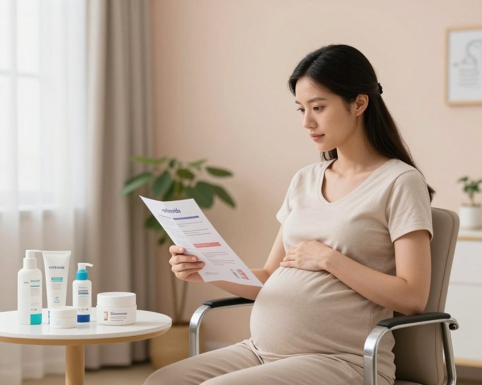 A serene and thoughtful scene depicting a pregnant woman in a softly lit, modern pediatrician's office, symbolizing caution and care. She is seated comfortably in a chair, wearing modest, professional maternity attire, looking thoughtfully at a brochure about skincare during pregnancy. In the foreground, there's a small, neatly organized table with an array of skincare products labeled “retinoids,” conveying the subject of evaluation. The middle ground showcases the woman, her hand resting on her belly, conveying a sense of connection with her unborn child. The background features calming pastel colors on the wall, and a subtle plant to enhance the feeling of tranquility, suggesting a safe environment. Soft natural light filters through a nearby window, creating an inviting and informative atmosphere.