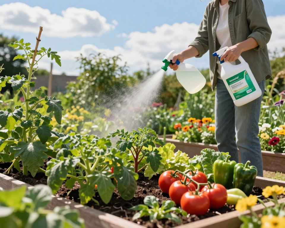 A serene and well-organized garden scene, capturing the safe use of garden chemicals. In the foreground, a diverse range of vegetables—tomatoes, peppers, and leafy greens—are flourishing in raised beds, vibrant and healthy. In the middle ground, a meticulous gardener, dressed in modest casual clothing, is attentively applying organic fertilizers from eco-friendly containers using a spray bottle with a fine mist. Colorful flowers border the beds, attracting pollinators. In the background, a clear blue sky is visible, with fluffy white clouds scattered above, suggesting a sunny day. Soft natural lighting enhances the vegetables' colors and gives a warm, inviting atmosphere, evoking a sense of responsibility and care for the environment. The angle captures the depth of the garden while focusing on the relationship between the gardener and their plants.