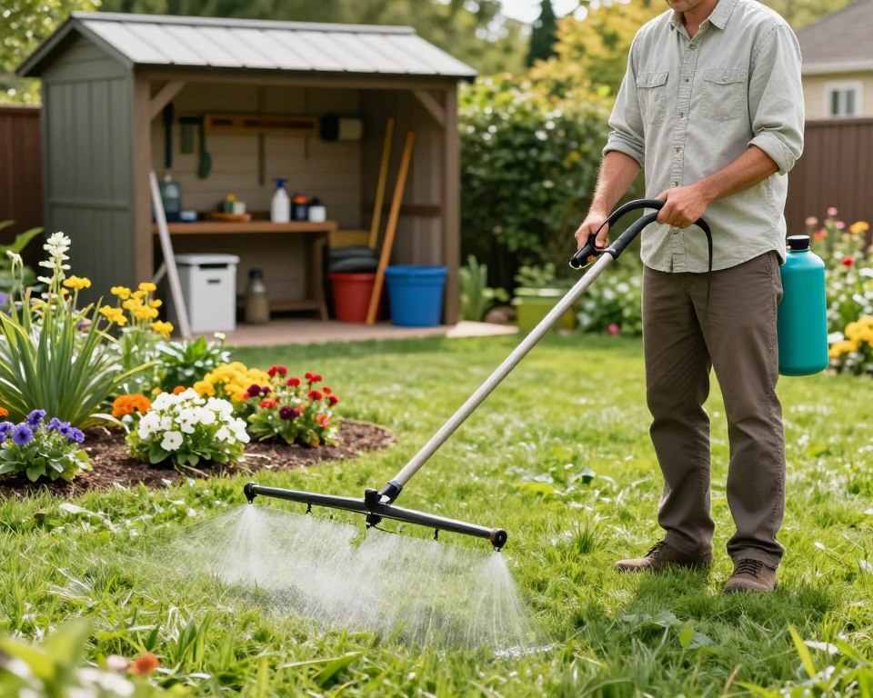 A serene backyard garden scene capturing best practices for safe lawn fertilizer application. In the foreground, a professional gardener in a neat, casual shirt and pants is applying fertilizer using a spreader, demonstrating careful technique. The middle ground features lush green grass and colorful flower beds, with a focus on the fertilizer spread evenly. In the background, a well-organized gardening shed with tools and safety equipment is visible. The lighting is bright and natural, suggesting a sunny day, with soft shadows enhancing the scene's depth. The overall mood is calm and responsible, emphasizing safety and care in lawn maintenance, conveying a sense of environmental friendliness and attention to detail. A serene backyard garden scene capturing best practices for safe lawn fertilizer application. In the foreground, a professional gardener in a neat, casual shirt and pants is applying fertilizer using a spreader, demonstrating careful technique. The middle ground features lush green grass and colorful flower beds, with a focus on the fertilizer spread evenly. In the background, a well-organized gardening shed with tools and safety equipment is visible. The lighting is bright and natural, suggesting a sunny day, with soft shadows enhancing the scene's depth. The overall mood is calm and responsible, emphasizing safety and care in lawn maintenance, conveying a sense of environmental friendliness and attention to detail.