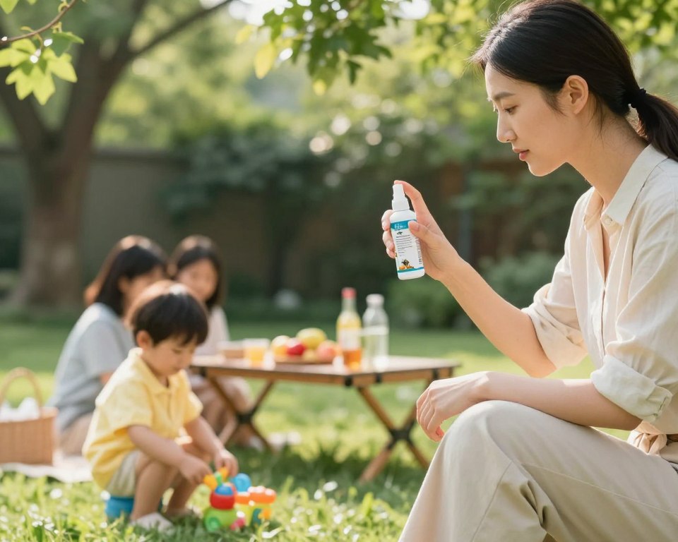 A serene backyard setting in soft daylight, emphasizing safety and caution in using mosquito spray. In the foreground, a child wearing a bright, modest outfit plays with a toy in the grass, while a cautious parent, dressed in casual but professional attire, carefully holds a mosquito spray bottle, checking the label for safety guidelines. In the middle ground, a picnic table is adorned with a family picnic setup, including fruits and drinks, indicative of a summer gathering. In the background, lush green trees provide a natural refuge from mosquitoes, with soft sunlight filtering through the leaves, creating a warm and inviting atmosphere. The scene exudes a sense of care and attention to safety, with a shallow depth of field to highlight the subjects. A serene backyard setting in soft daylight, emphasizing safety and caution in using mosquito spray. In the foreground, a child wearing a bright, modest outfit plays with a toy in the grass, while a cautious parent, dressed in casual but professional attire, carefully holds a mosquito spray bottle, checking the label for safety guidelines. In the middle ground, a picnic table is adorned with a family picnic setup, including fruits and drinks, indicative of a summer gathering. In the background, lush green trees provide a natural refuge from mosquitoes, with soft sunlight filtering through the leaves, creating a warm and inviting atmosphere. The scene exudes a sense of care and attention to safety, with a shallow depth of field to highlight the subjects.
